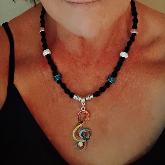 Multi-Color Rhinestone Musician's Treble Clef on a 22" Handmade Black Hemp - Picture 2 of 6